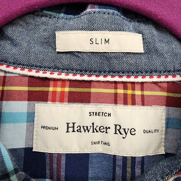 HAWKER RYE Shirt Men M Blue Red Plaid Essential Wash Short Sleeve Stretch Cotton - Picture 3 of 10